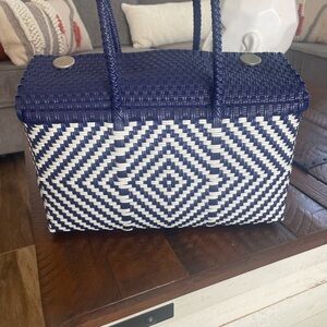 Navy and White Woven Handbag
